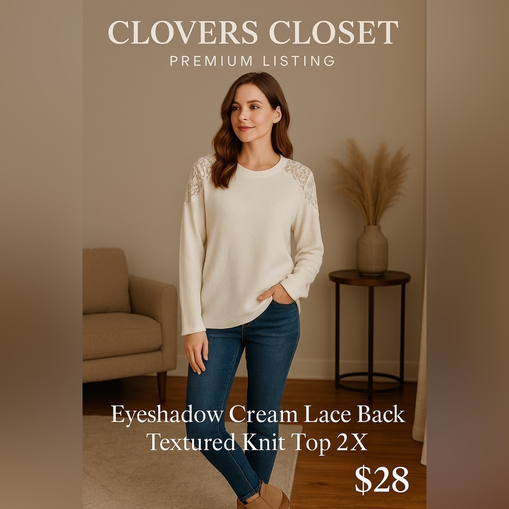 Eyeshadow Winter White Lace Back Knit Top 2X Cozy Boho Sweatshirt Style.